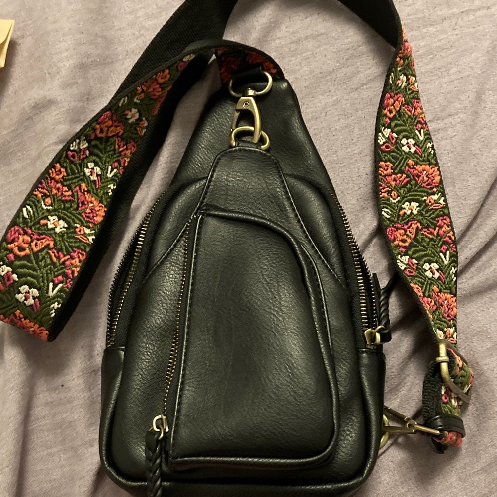 Antik Kraft Black Sling Bag with Floral Embroidered Strap